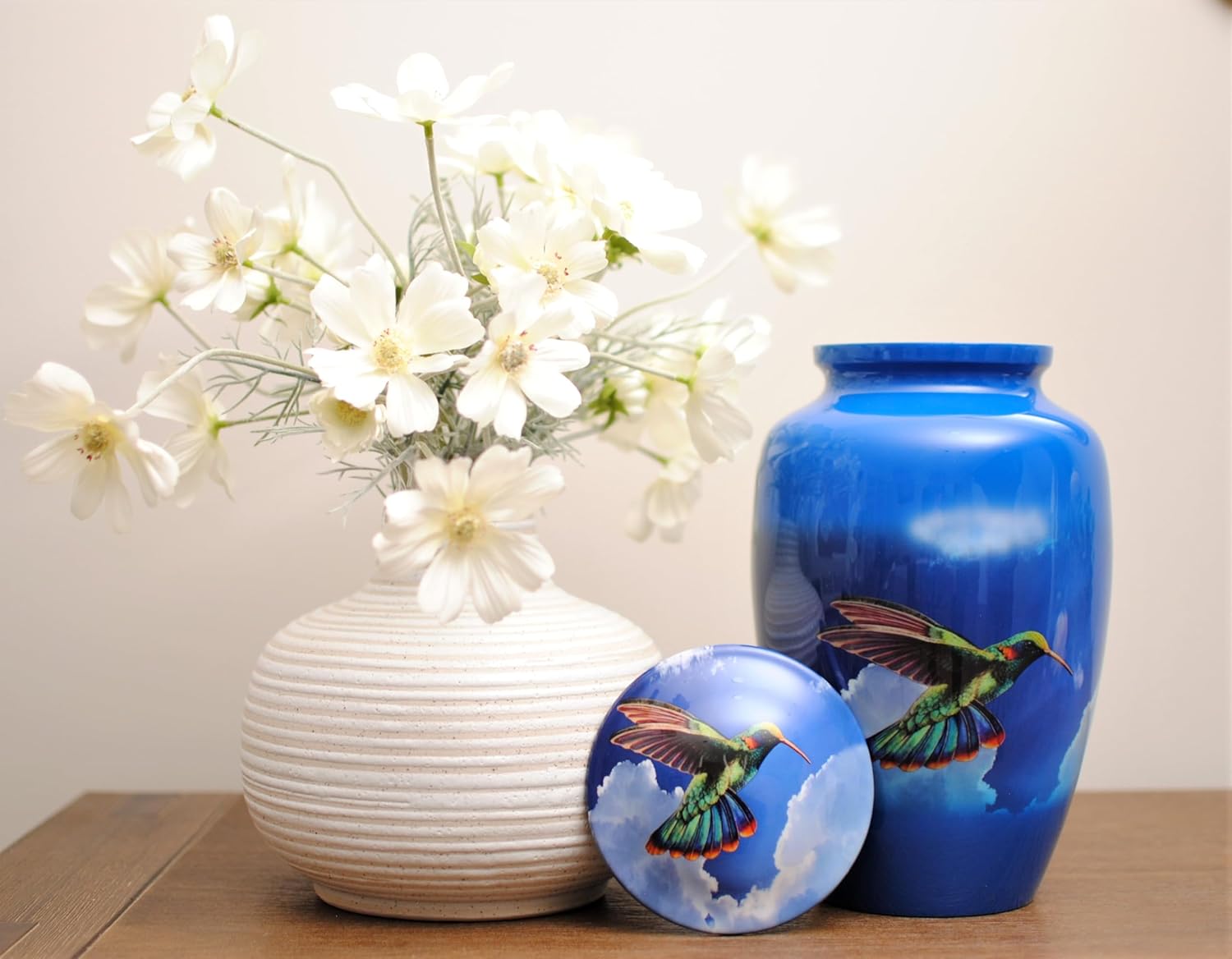 'Hummingbird in The Clouds', Adult Cremation Urn, Vibrant Colors, Laquer Coating, Sleek 10.5"