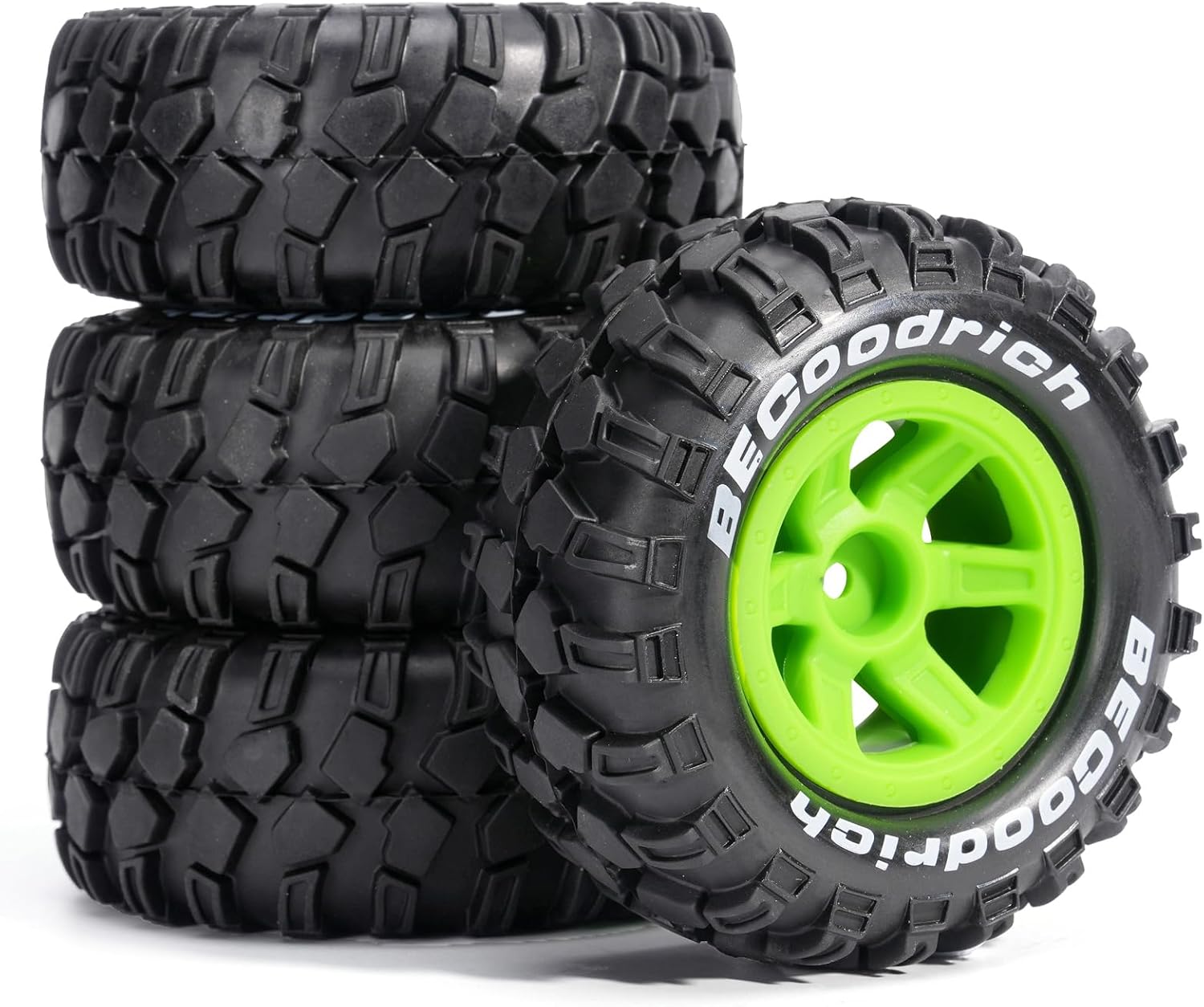 Pre-Glued Monster Truck Wheel & Tire Set for 1/14 1/16 RC Car Fits Slash/Summit, MJX 10208, 90 x 39 mm Rubber, 12 mm Hex Nylon Wheels, 4 pcs, Green