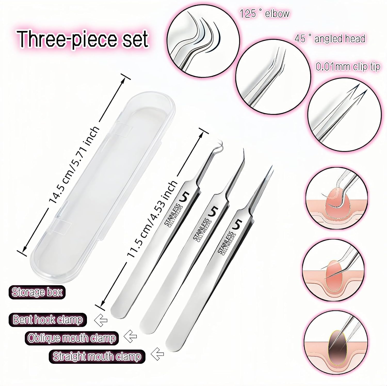 Professional Blackhead Remover Tweezers Set, Stainless Steel Pimple Extractor Tool Kit with Straight, Angled and Curved Tips, 3 Piece Set with Storage Case