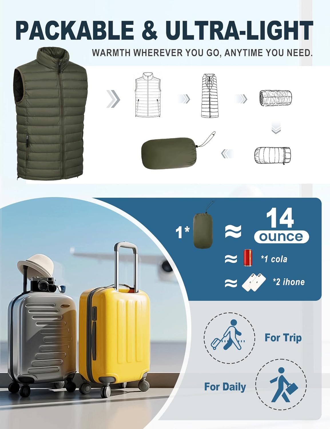 Men's Lightweight Packable Puffer Vest Outerwear Insulated Winter Sleeveless Jacket for Hiking Running Travel - Image 3