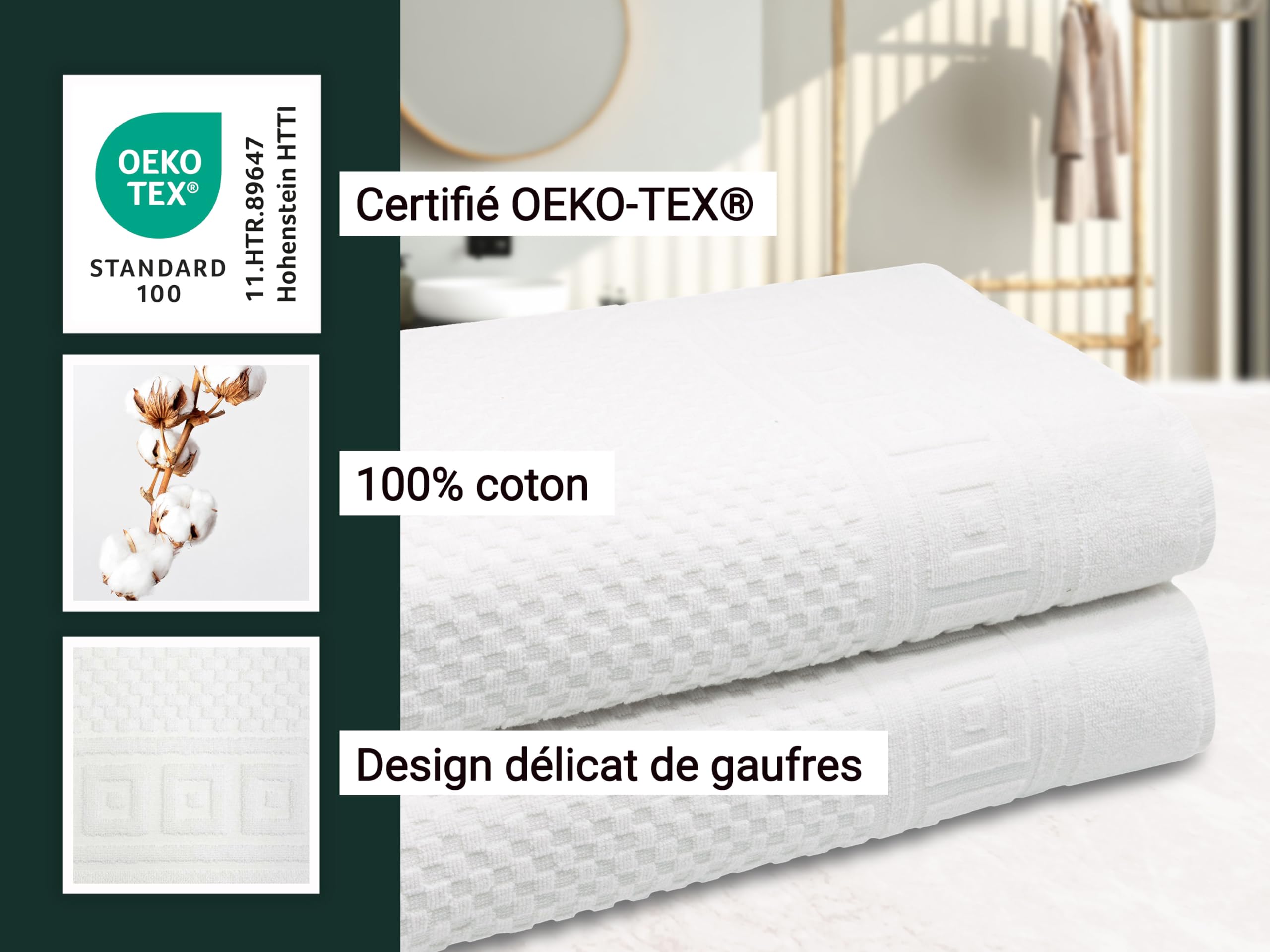 ZOLLNER Lot de 2 Serviettes de Bain en 100x150 cm - Motif gaufré Doux et Absorbant, Couleur Blanche - avec Crochet - lavables jusqu'à 95 °C - Coton - qualité hôtelière - certifiées Oeko Tex®