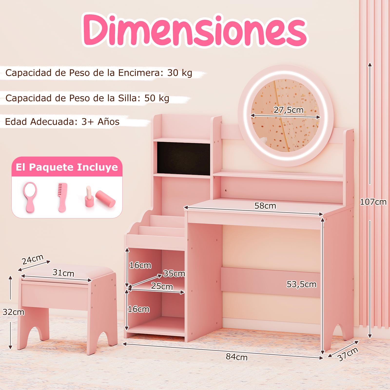 COSTWAY Tocador Niña con Espejo y Luces, Tocador de Maquillaje de Princesa con Estantes Abiertos, Ranuras para Anillos y Taburete Tapizado, Mesa de Maquillaje para Niñas (Rosa)