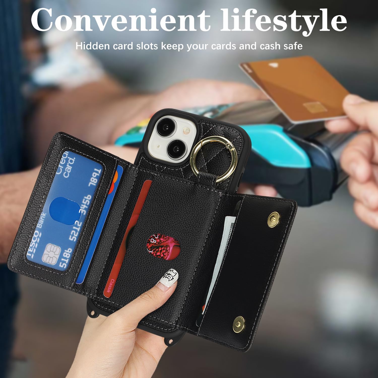 for iPhone 13 Case with Card Holder and Strap for Women,Crossbody Lanyard, Make Up Mirror,Ring Stand,Snap Clasp,Cute Phone Wallet Cases 6.1 inch - Black - Image 3
