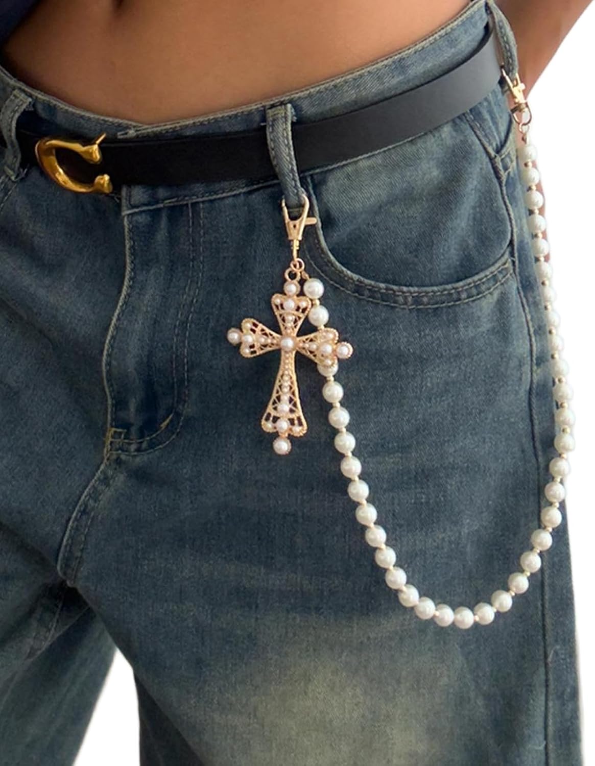 Simple Pearl Pants Chain for Women Men,Punk Waist Belt Chain Wallet Pocket Chain Layered Pearl Keychains Trouser Chain Cross Pendant Jeans Chain