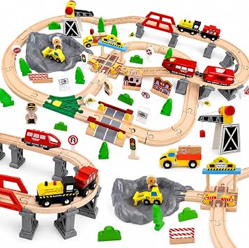 YYSWSAKY Méga Coffret de Train en Bois avec Grue et Locomotive Électrique (100 Pièces)
