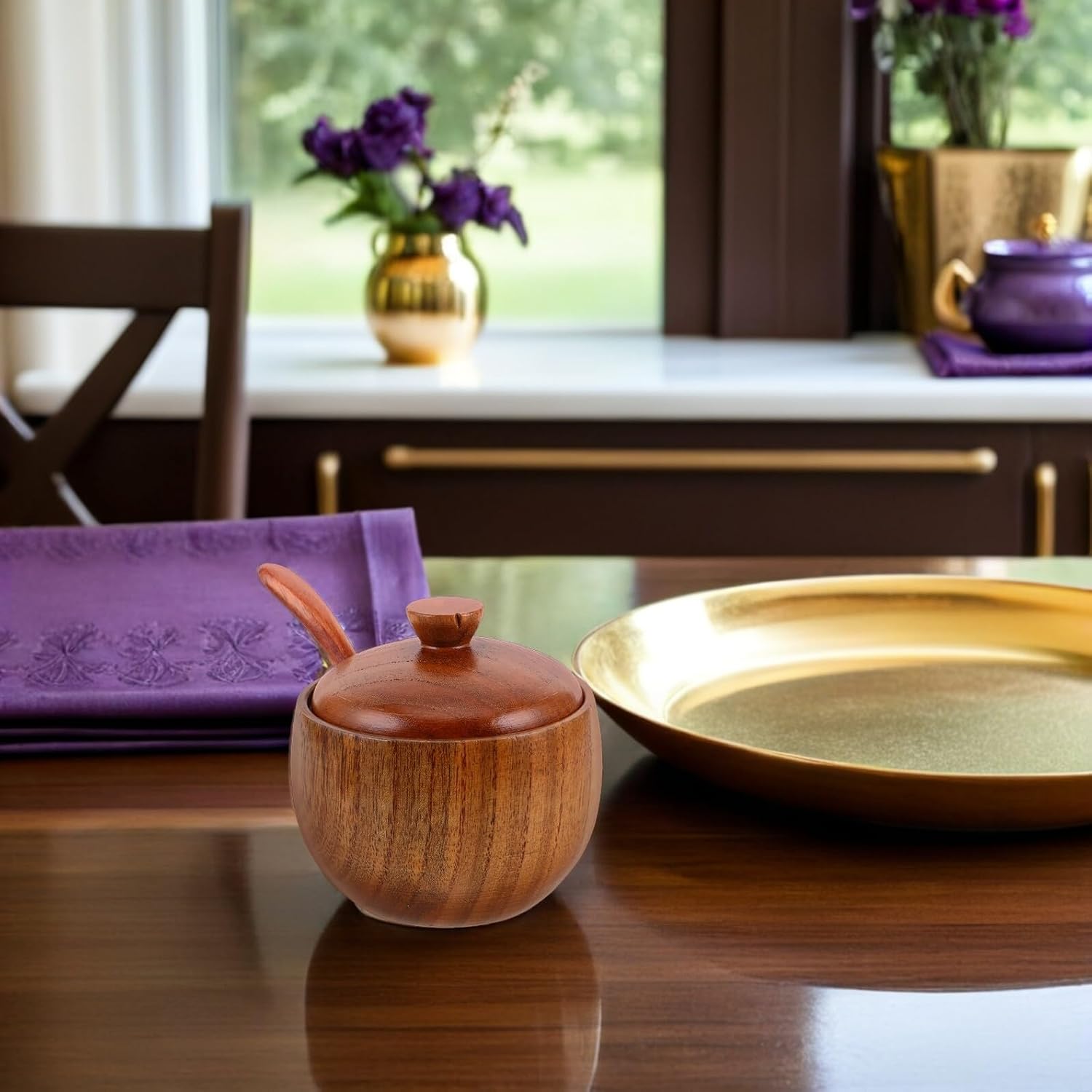 Wooden Condiment Pot with Lid and Spoon for Kitchen
