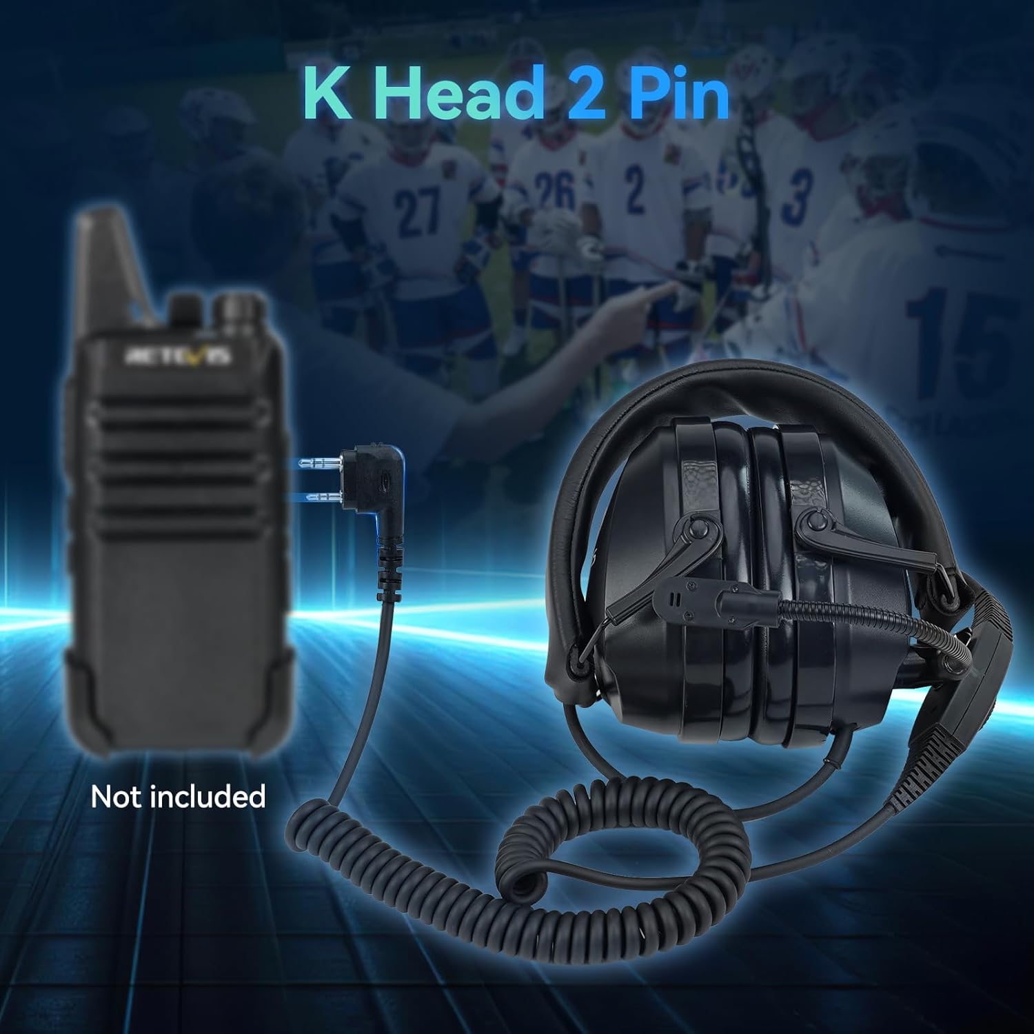 Retevis EHK012 headset with its K-head 2-pin connector next to a compatible two-way radio.