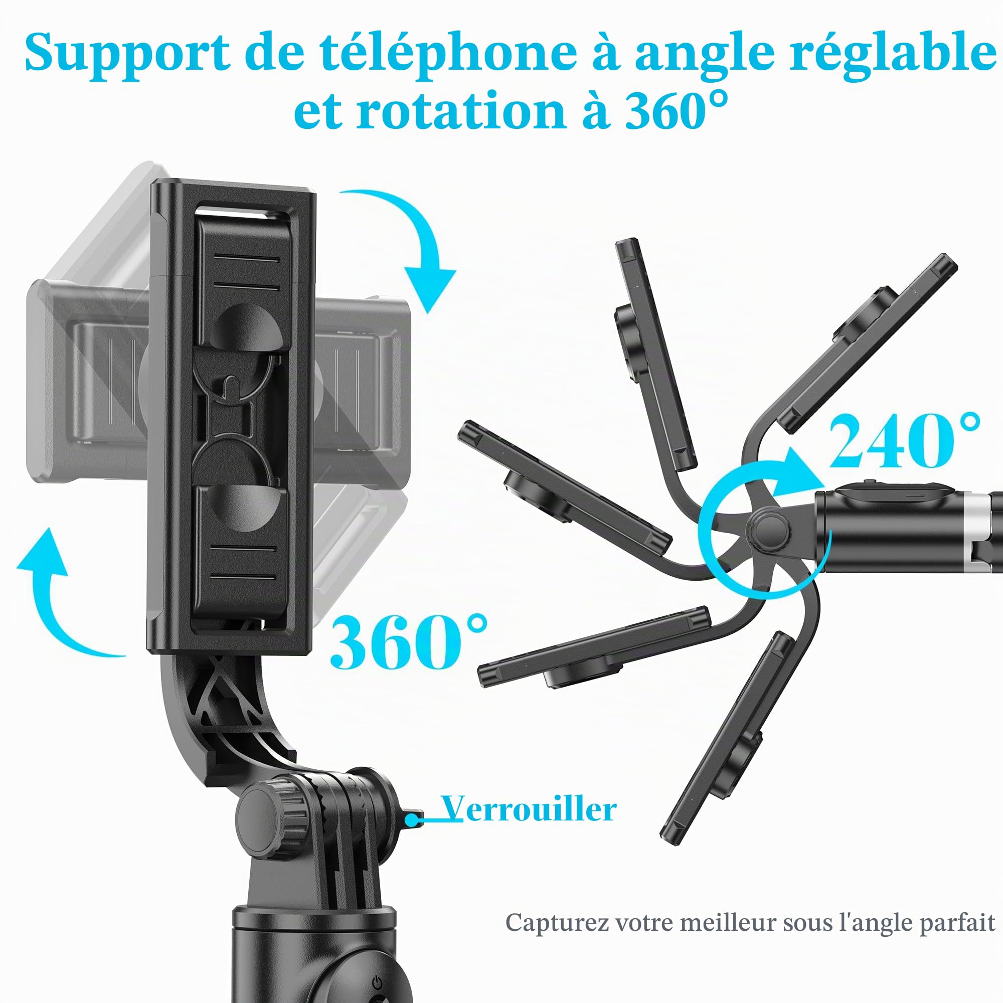 Perche Selfie Trepied avec Lumière, Perché à Selfie Trépied Smartphone Bâton Selfie Portable Télescopique avec Télécommande Amovible et Rotation à 360 ° pour iPhone, Samsung, Huawei