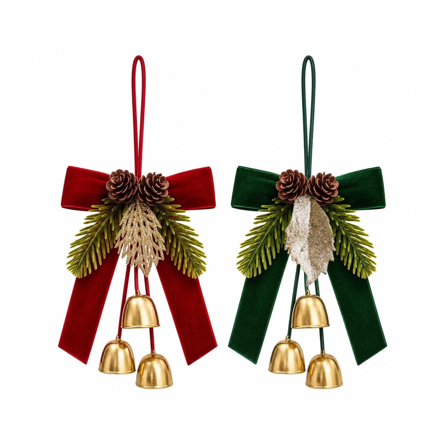 2pcs Christmas Bows with Bells and Pine Cone for Xmas Tree Door Wall Decor