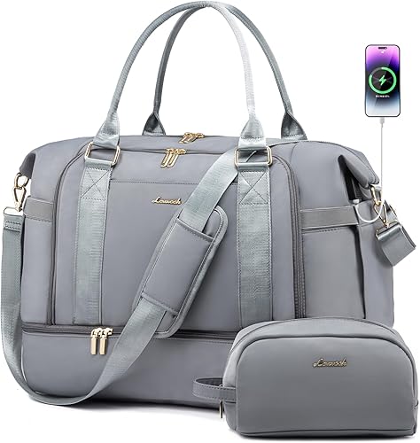 Bolsa de gimnasio para mujer, bolsa de viaje LOVEVOOK con puerto de carga USB, bolsas de fin de semana para mujeres con compartimento para zapatos,
