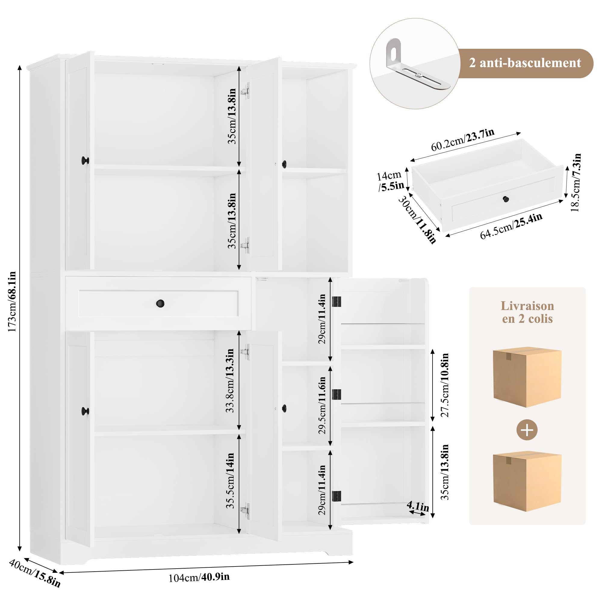 FirFurd Buffet Haut Cuisine Meuble Rangement Vaisselier avec 5 Portes Blanc | 104x40x173cm, Porte avec étagère à épices, Armoire meuble cuisine avec 13 étagères, 1 tiroir, Pour salle à manger, salon