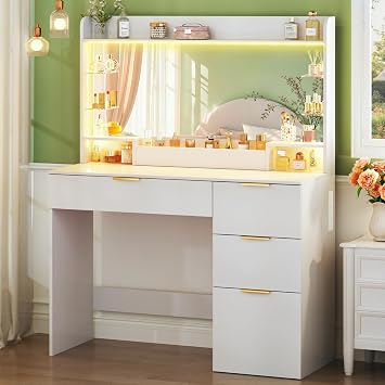 HUAHUU Vanity Desk with Mirror and Lights, Makeup Vanity with Lights, 3 Color Lighting Modes, Vanity Desk with Large Mirror & 4 Storage Drawers & Acrylic Shelves for Bedroom, White