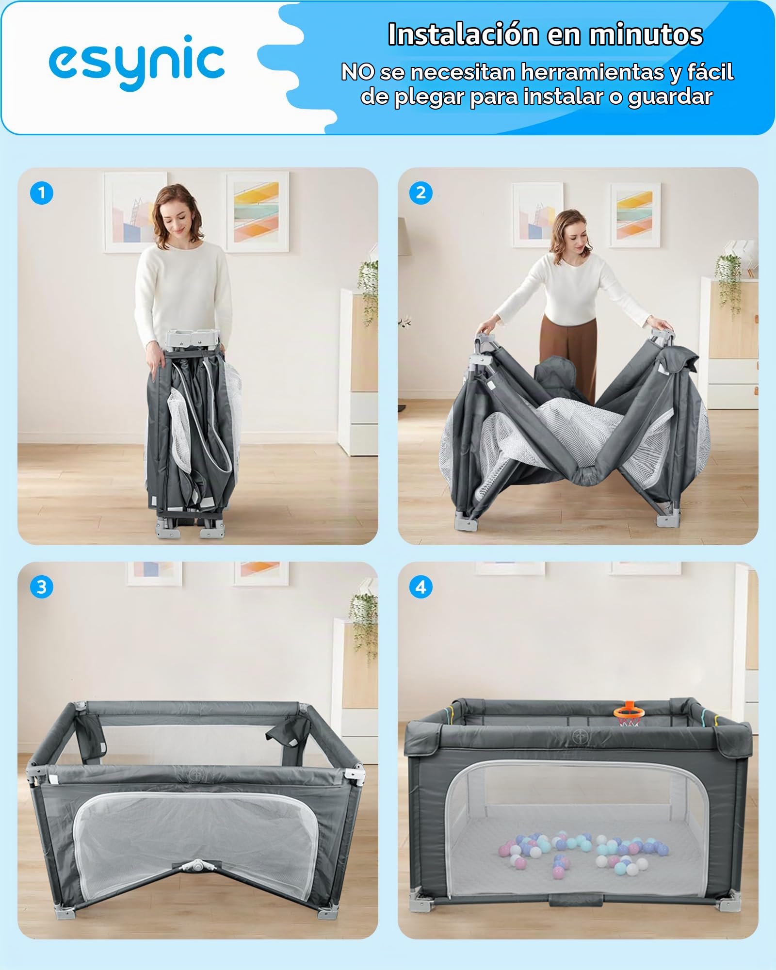 eSynic Corralito Bebé Portátil 150x150cm, Parque Infantil Plegable con Alfombrilla + 50 Bolas, Canasta Baloncesto, Malla Transpirable, 4 Agarraderas y Bolsa Transporte - Juegos Seguros para Bebé