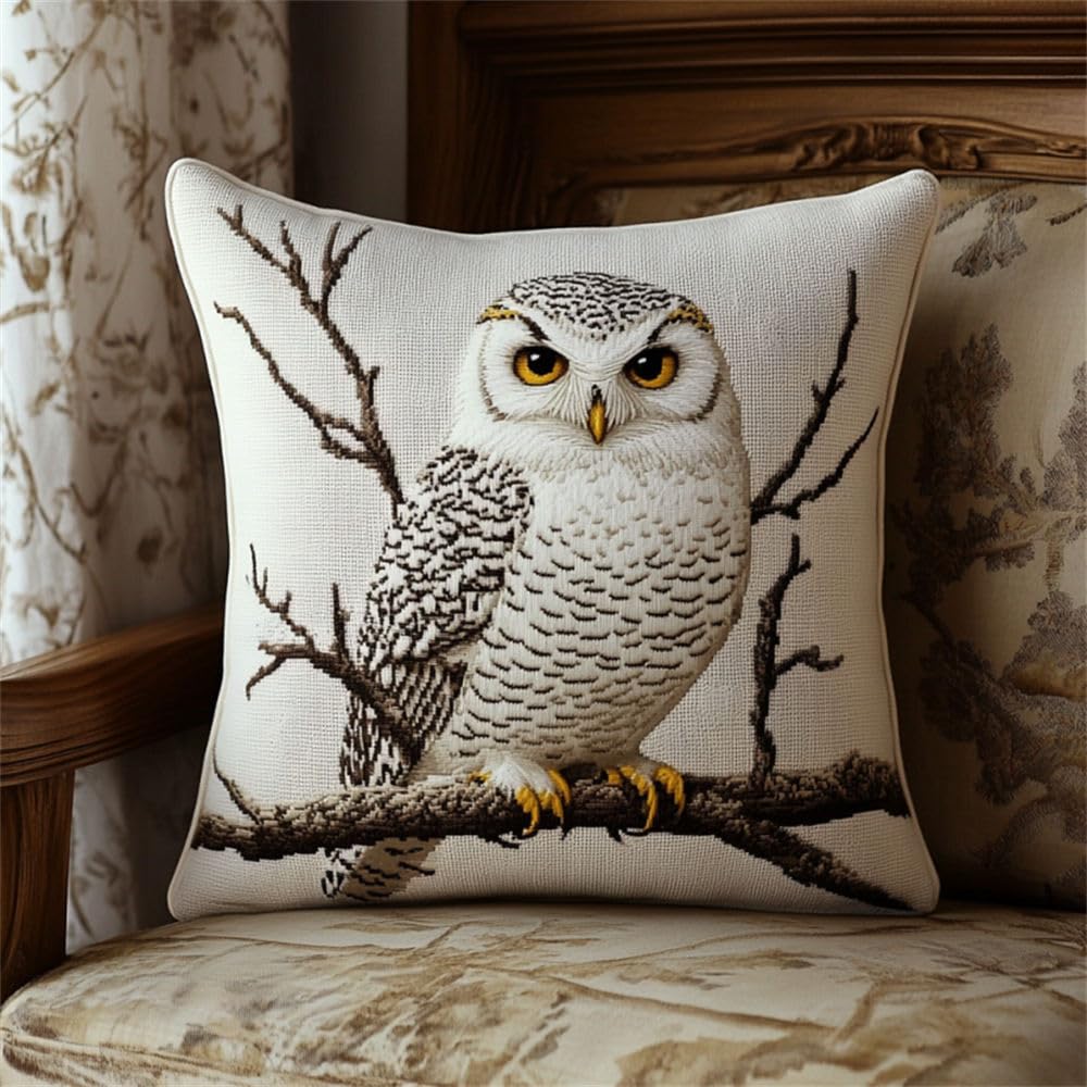 Orlumy White, Light Grey Latch Hook Kits Snowy Owl Latch Hook Cushion Kits Diy Cross Stitch Sofa Cushion Cover With Latch Hook Tool Fit For Teenager And Adults Latch Hook Cushion Cover Kit 17X17 Inch