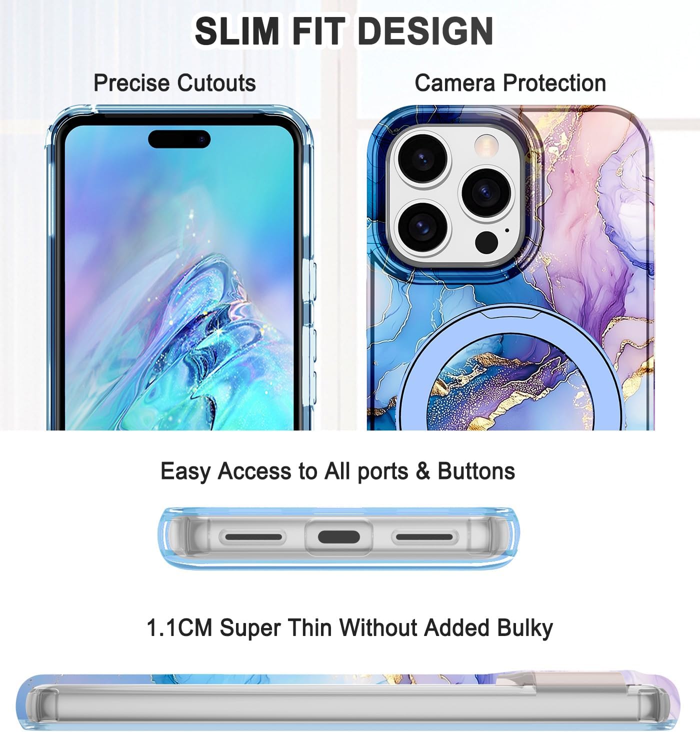 Lamcase for iPhone 14 Pro Max Case with Magnetic Invisible Ring Stand [Compatible with MagSafe], Full Body Rugged Slim Women Men Girl Shockproof Marble Pattern Design Case, Blue Gold