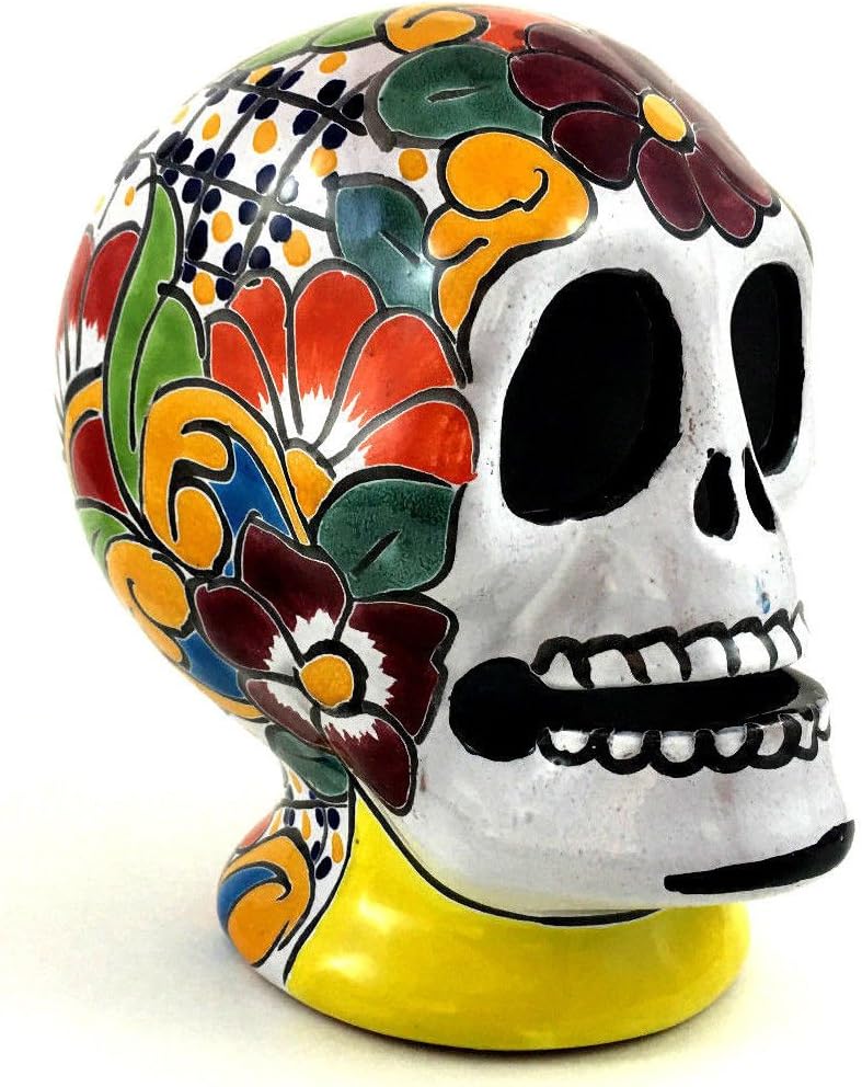 Day-of-the-Dead Hand-Painted Talavera Ceramic Skull, Medium (Yellow)