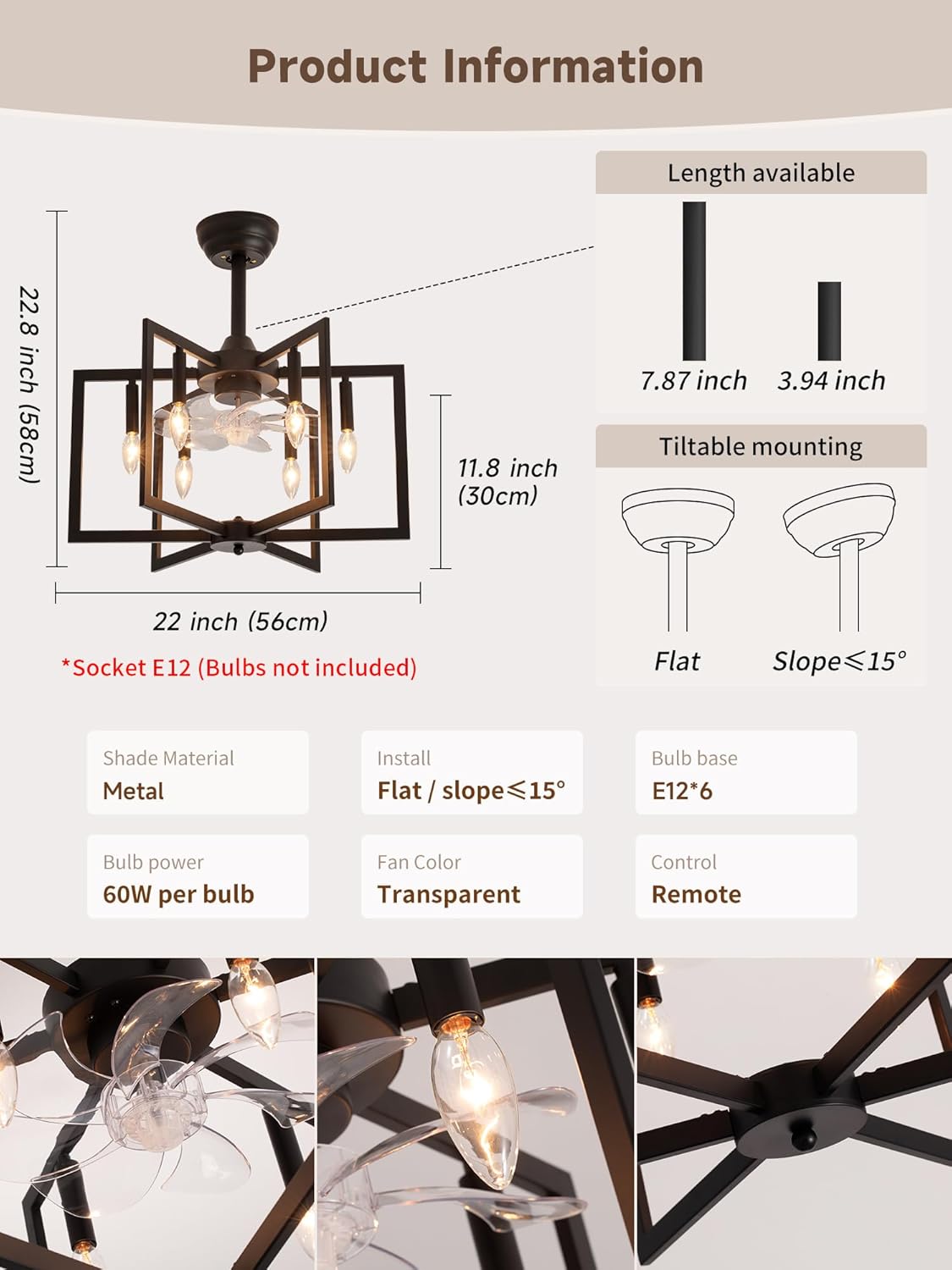 Black Chandelier Fan Farmhouse Rustic Ceiling Fan with Light and Remote, Adjustable Height, Rustic Chandeliers for Living Room, Bedroom, Hallway, Entryway Kitchen Lighting