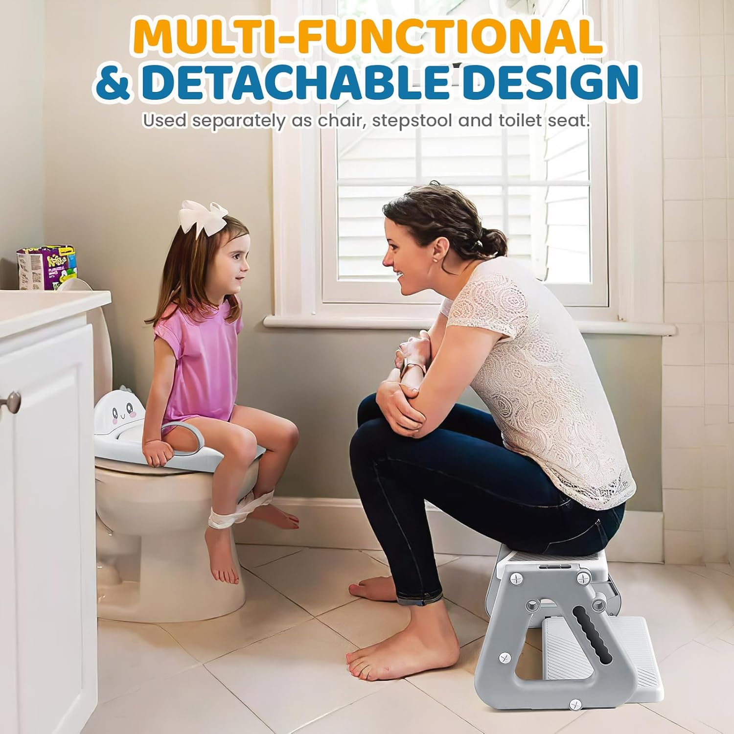 Potty Training Seat with Step Stool, 2-IN-1 Toddler Potty Training Toilet for Kid Boys Girls, Adjustable Toilet Seat for Toilet with ladder, Splash Guard, Anti-Slip Pad and Safety Handle, Gray