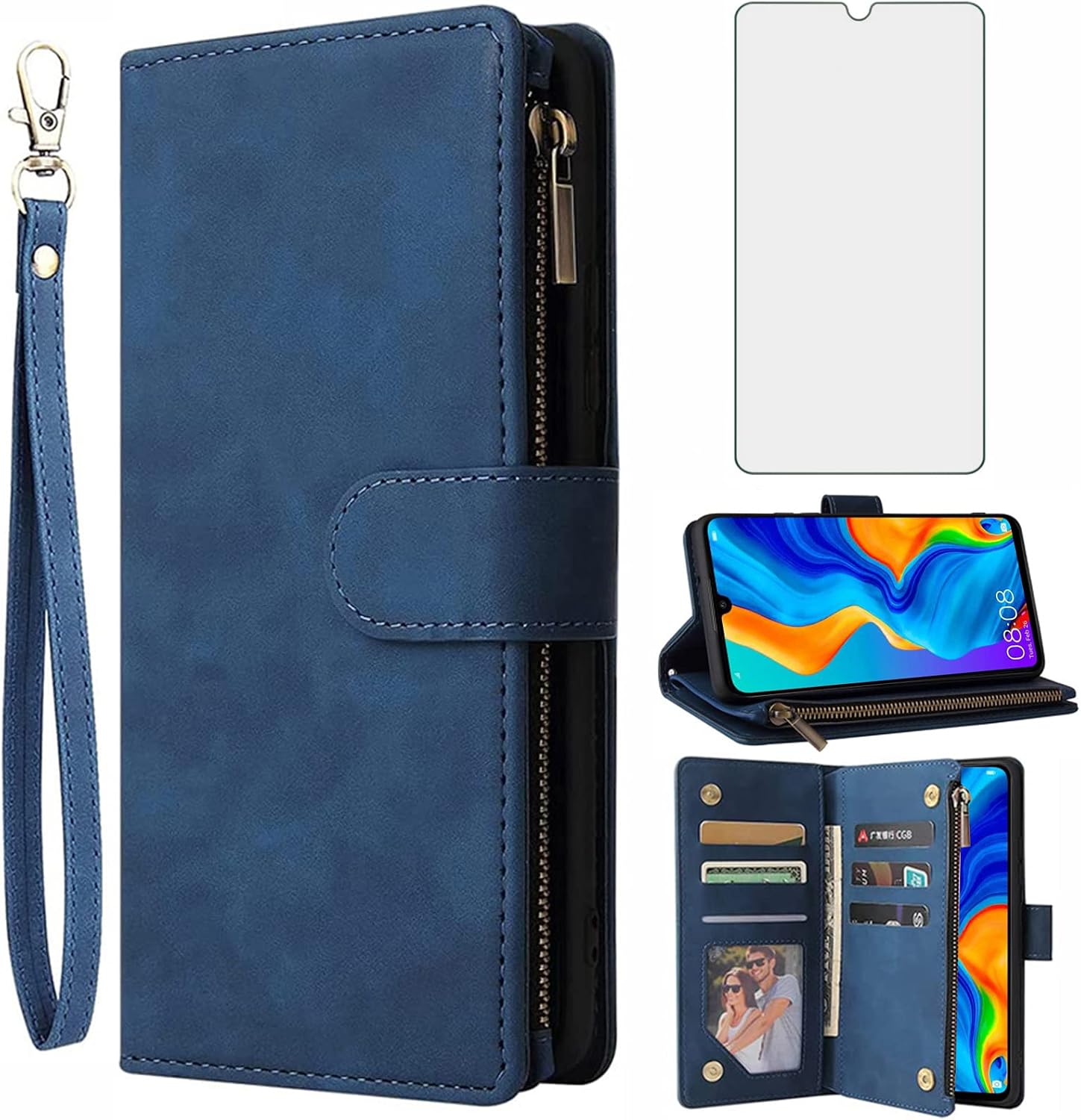 Asuwish Compatible with Huawei P30 Lite Wallet Case Tempered Glass Screen Protector and Leather Flip Cover Card Holder Stand Cell Accessories Phone Cases for Hawaii P30Lite P 30 30Lite Women Men Blue