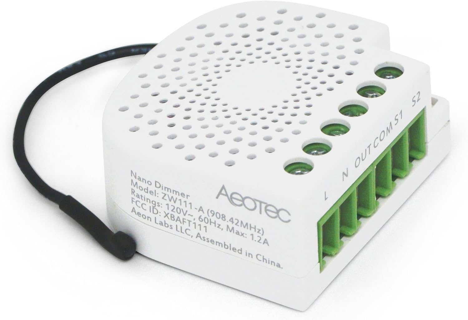 Top view of Aeotec Nano Dimmer with labeled terminals