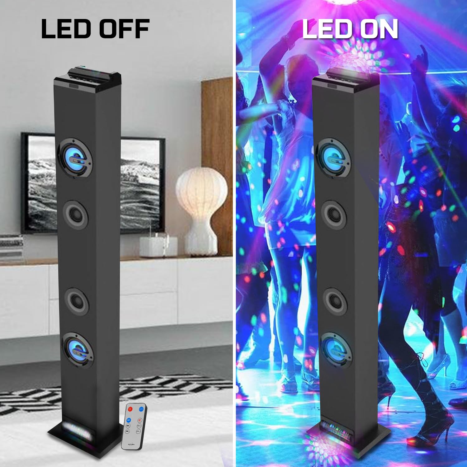 Tour de son INOVALLEY HP58BTH Lumière LED Multi rayons, Bluetooth, Radio FM, AUX 4x 15W, Télécommande