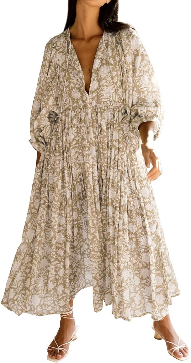 Women Floral Sleeve Keyhole Tie Boho Dress Puff Summer