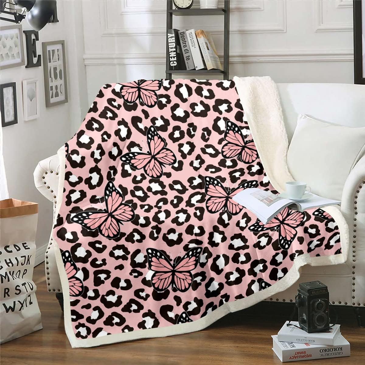Pink Leopard Print Throw Blanket for Couch Chic Butterfly Fleece Blanket for Toddler