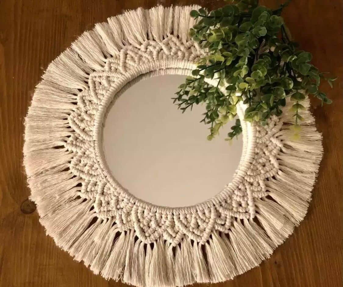 ACN Kohinoor | WHM-20|Beautiful Macrame Wall Hanging Mirror | Handmade Boho Wall Hanging Mirror for Wall D?cor | Round Mirror with Fringes, 16 X 16 Inches, 1 Pcs,
