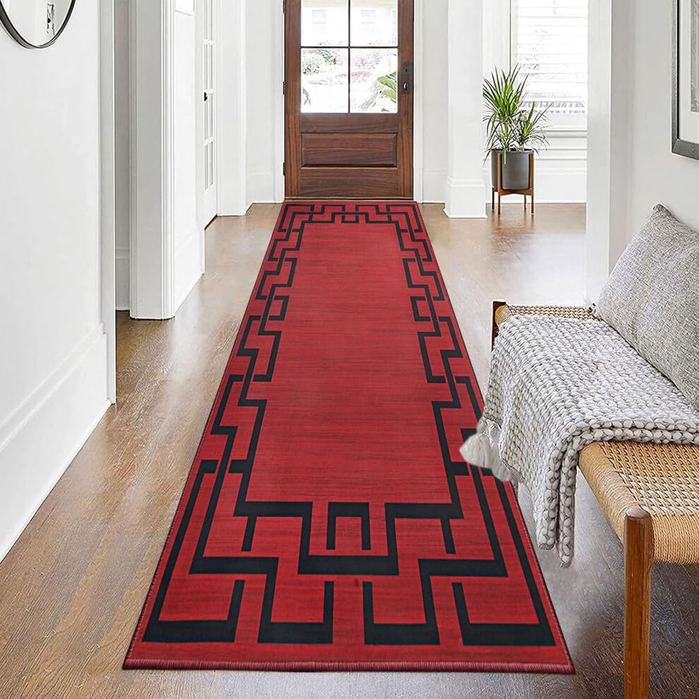 BedLooms Carpet Runners for Hallway Non-Slip long 80 x 300 cm Living room Black and Red Runner Rugs – Greek Key Pattern Modern Low Pile Bedroom Carpets (Lexi)