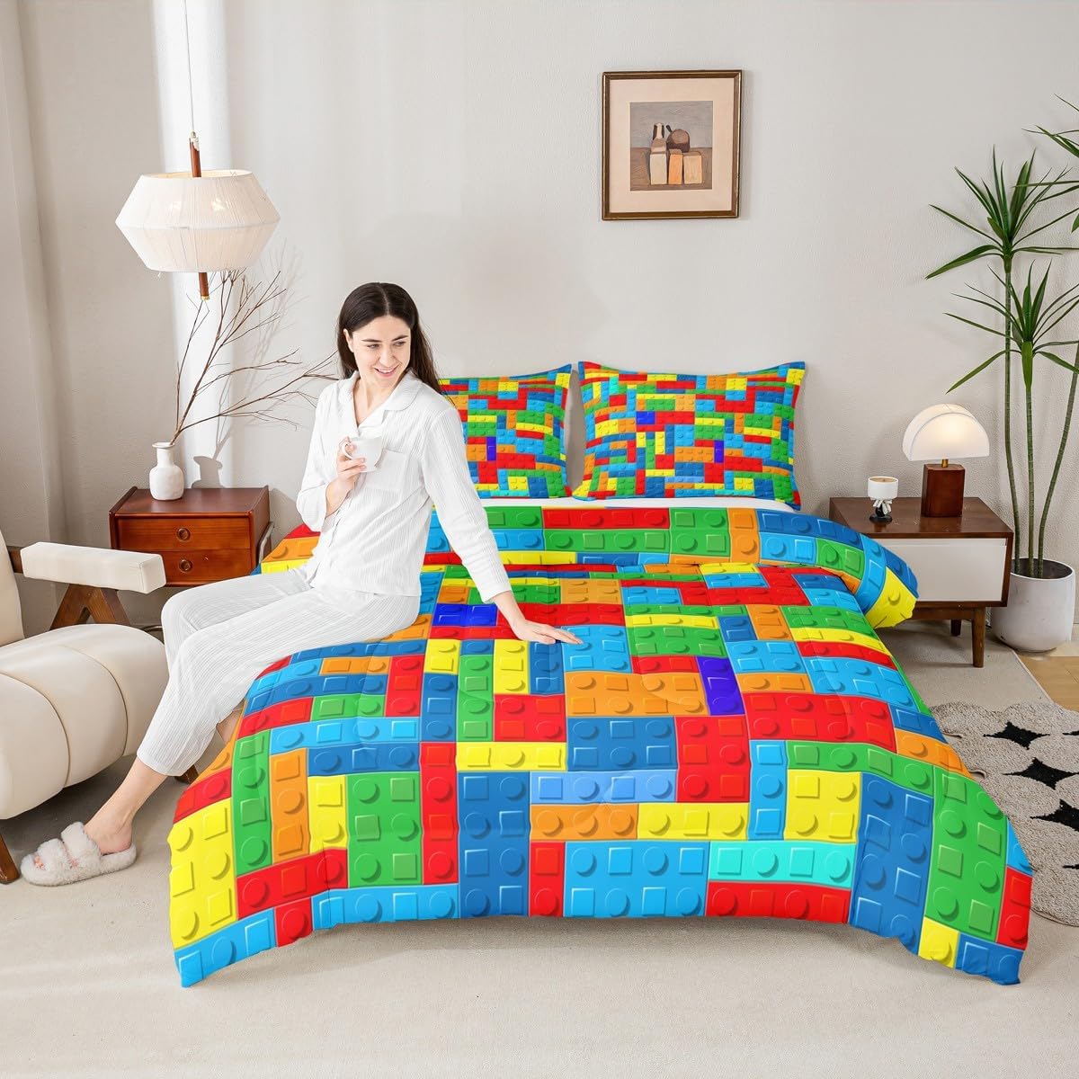 Watercolor Building Blocks Kids Comforter Set Full Size,Colorful Bricks Toddler Bedding Set,Boys Girls Adults Room Decor,Geometric Patchwork Down Comforter,Fashion Chic Duvet Insert,2 Pillowcases