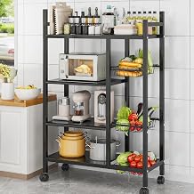 Hukimoyo 4-Tier Metal Kitchen Storage Rack with Lockable Wheels Trolley Storage Cart for Kitchen Organizer with Removable 3 Mesh Basket Floor