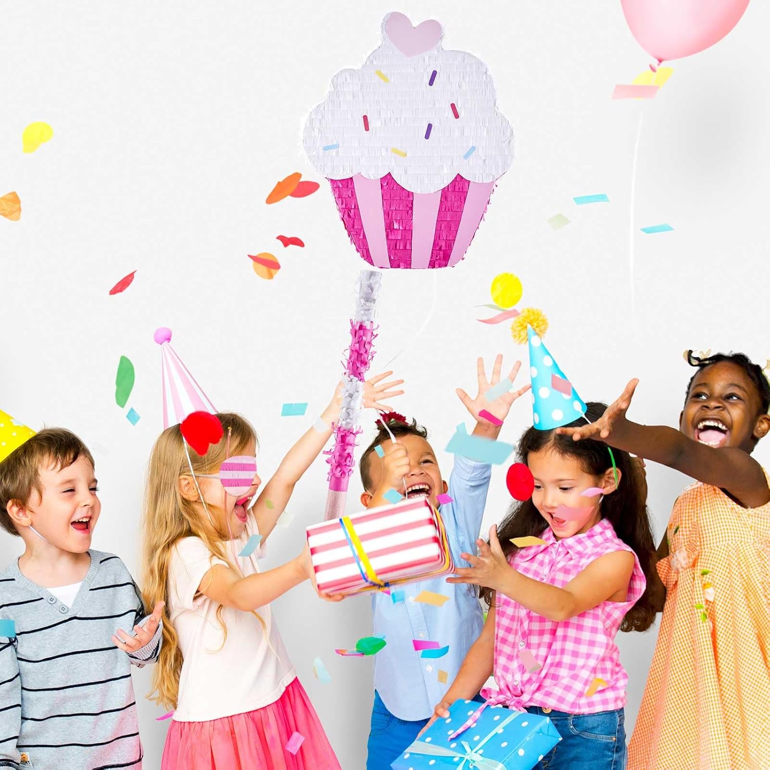 Sosation 15.7" Cupcake Piñata for Birthday Party Supplies with Stick, Blindfold and Confetti for Kids Girls Baby Shower Candy Donut Ice Cream Piñata Party Supplies Party Decoration Prop(Cute)