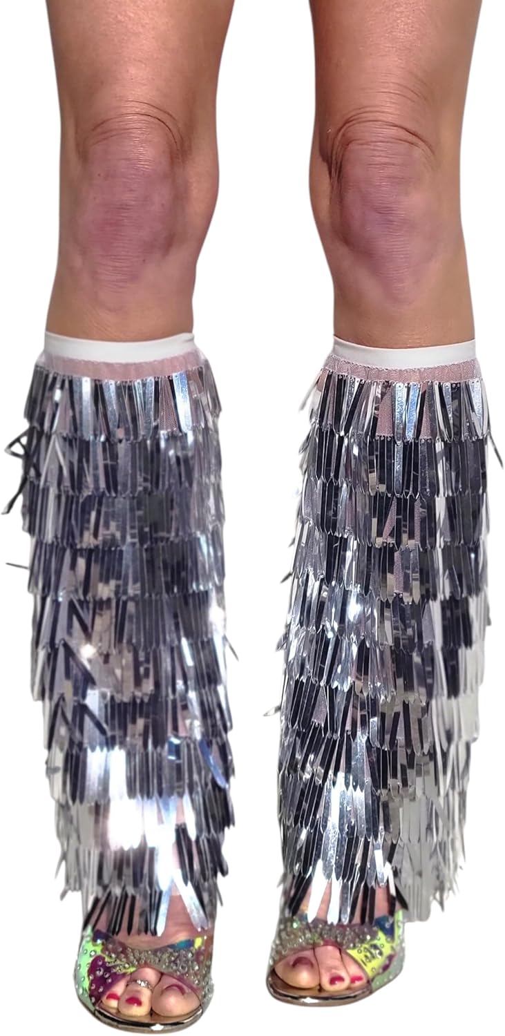 Cowboy Concert Inspired Silver Fringe Boot Covers, Sequin Rave Leg Warmers