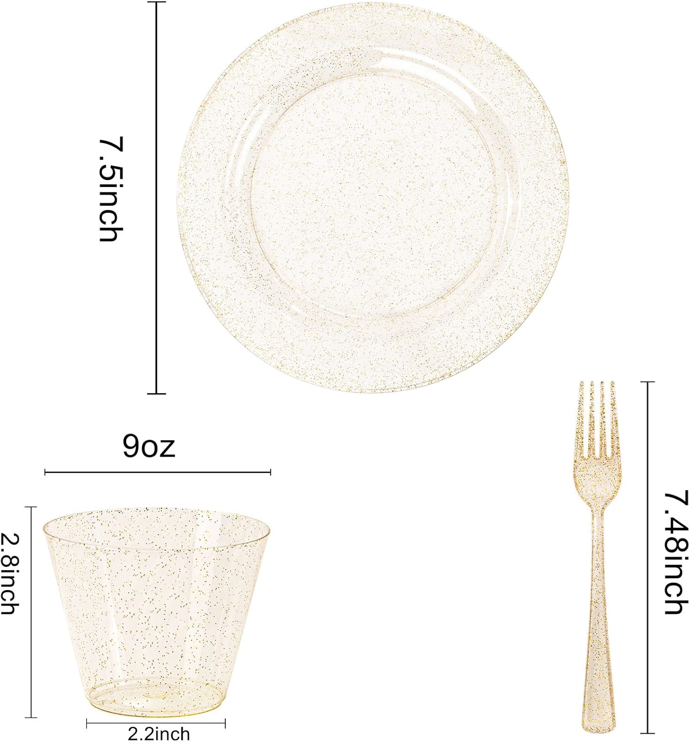 WELLIFE 150PCS Gold Plastic Plates – Gold Glitter Disposable Dinnerware Set for 50 Guests (7.5" Dessert Plates), Includes 50 Plates, 50 Cups & 50 Forks for Wedding & Birthday Party Tableware