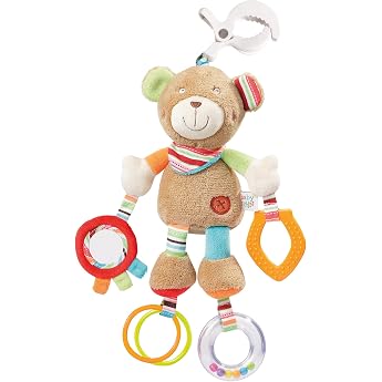 Fehn Toy Animal Ant Bear With exciting pendants for gripping and creating sounds - for toddlers from birth - with clamp for home and on the go