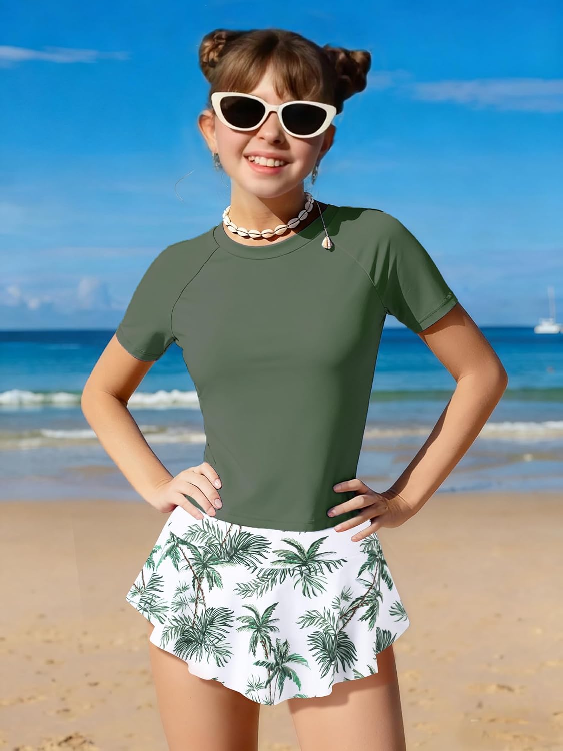 Girls Rash Guard Swimsuits Short Sleeve Swimwear Skirt with Built-in Shorts Girls Bathing Suits Size 6-14
