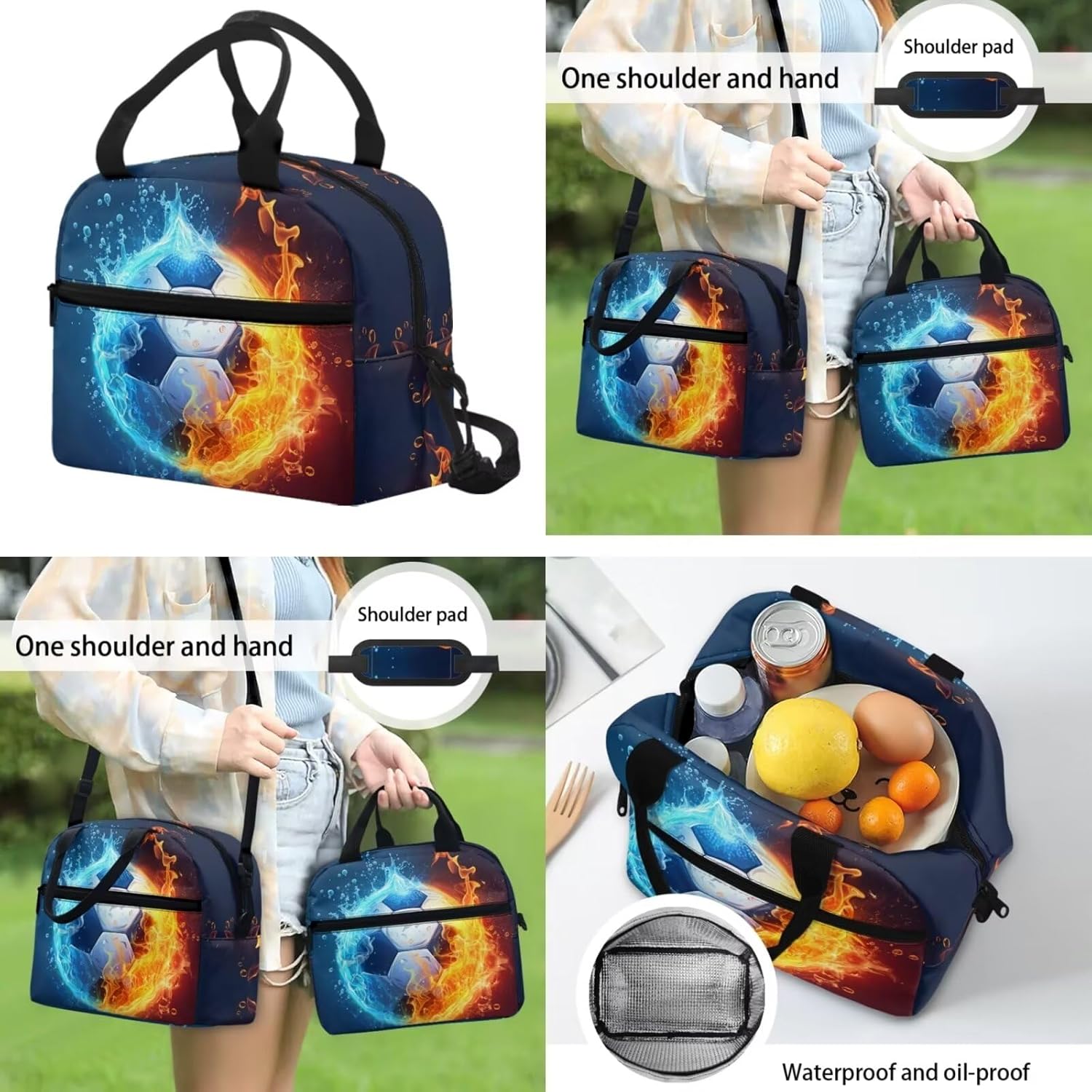Soccer Backpack for School Water & Fire Soccer Ball Backpack with Lunch Box Kids School Bookbag 3 in 1 Set School Bag with Lunch Bag Pencil Case, Large Lightweight Kids Backpack for School