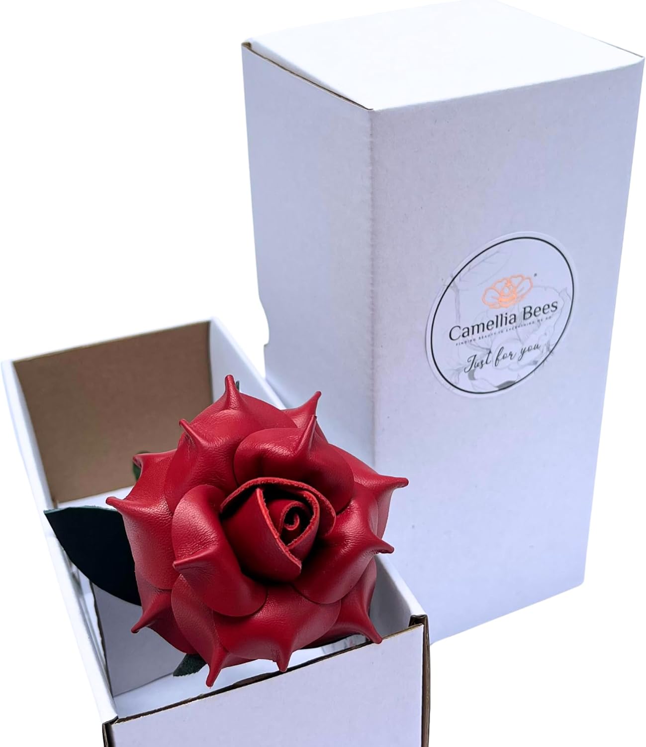 Camellia Bees Leather Rose Gift for Her Him - Handmade Genuine Leather Flower for 3rd Anniversary, Third Year Wedding, Valentines Day, Mothers Day - Forever Rose Gift for Wife Girlfriend (Red)