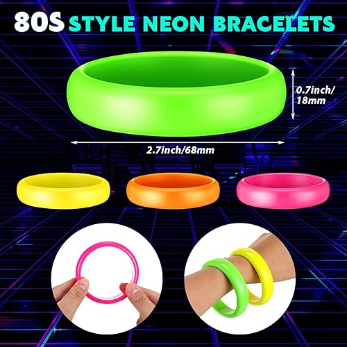 Miniatura 7 de Batiyeer 48 piezas de accesorios de disfraz de neón de los años 80 para mujer, 24 pulseras de plástico neón de los años 80 y 24 piezas de collar de