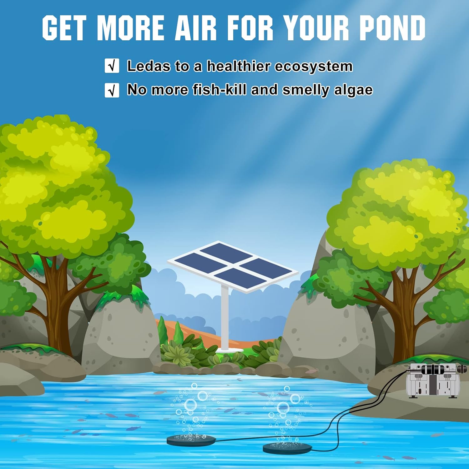 DC HOUSE 5.76CFM Solar Pond Aerator, 300W Pond & Lake Aerator with 2pcs 30Ah Lithium Battery, 100' Weighted Tubing, with Faster Sinking Diffusers, with 4pcs 100W Solar Panels