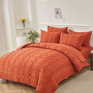 Burnt Orange Comforter Set Queen, 7 Pieces Terracotta Tufted Bed in a Bag Queen, Shabby Chic Boho Comforter with Sheet Sof...