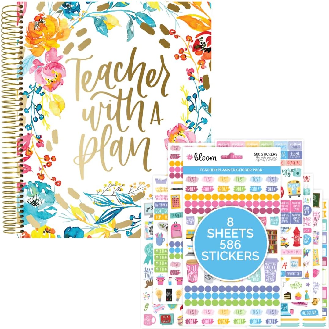 bloom daily planners Teacher Planner & Sticker Pack Bundle - Undated Academic Planner & Organizer + School Themed Sticker Pack - Planning Set for Educators, Homeschool