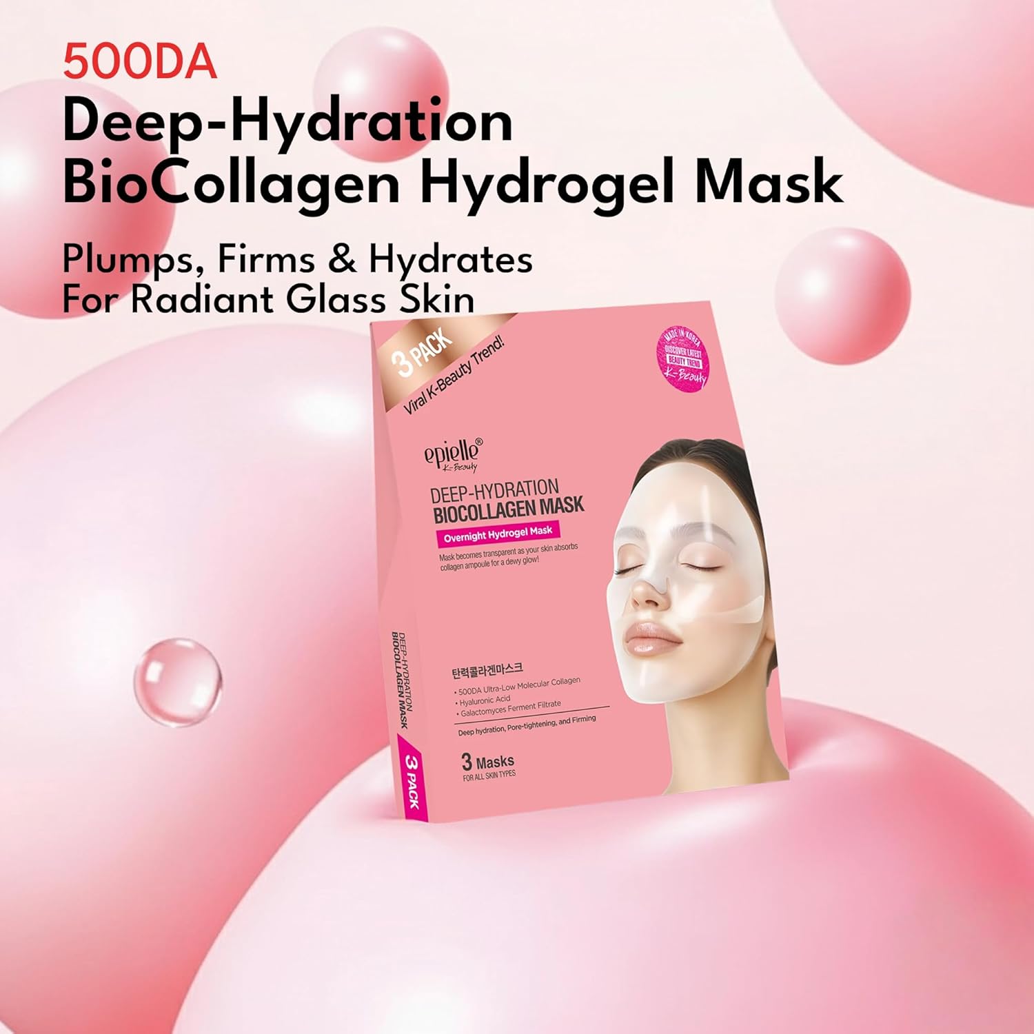 Epielle Deep Hydration BioCollagen Mask 3 Count, Overnight Hydrogel Facial Mask with 500DA Ultra-Low Molecular Collagen, Hyaluronic Acid & Galactomyces Ferment Filtrate, Korean Skin Care - Image 2
