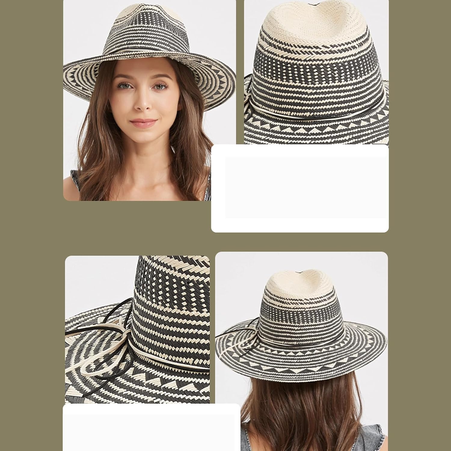 Women's Straw Fedora Sun Hat, Wide Brim, Black and White Geometric Weave, Lightweight Packable Beach Summer Hat