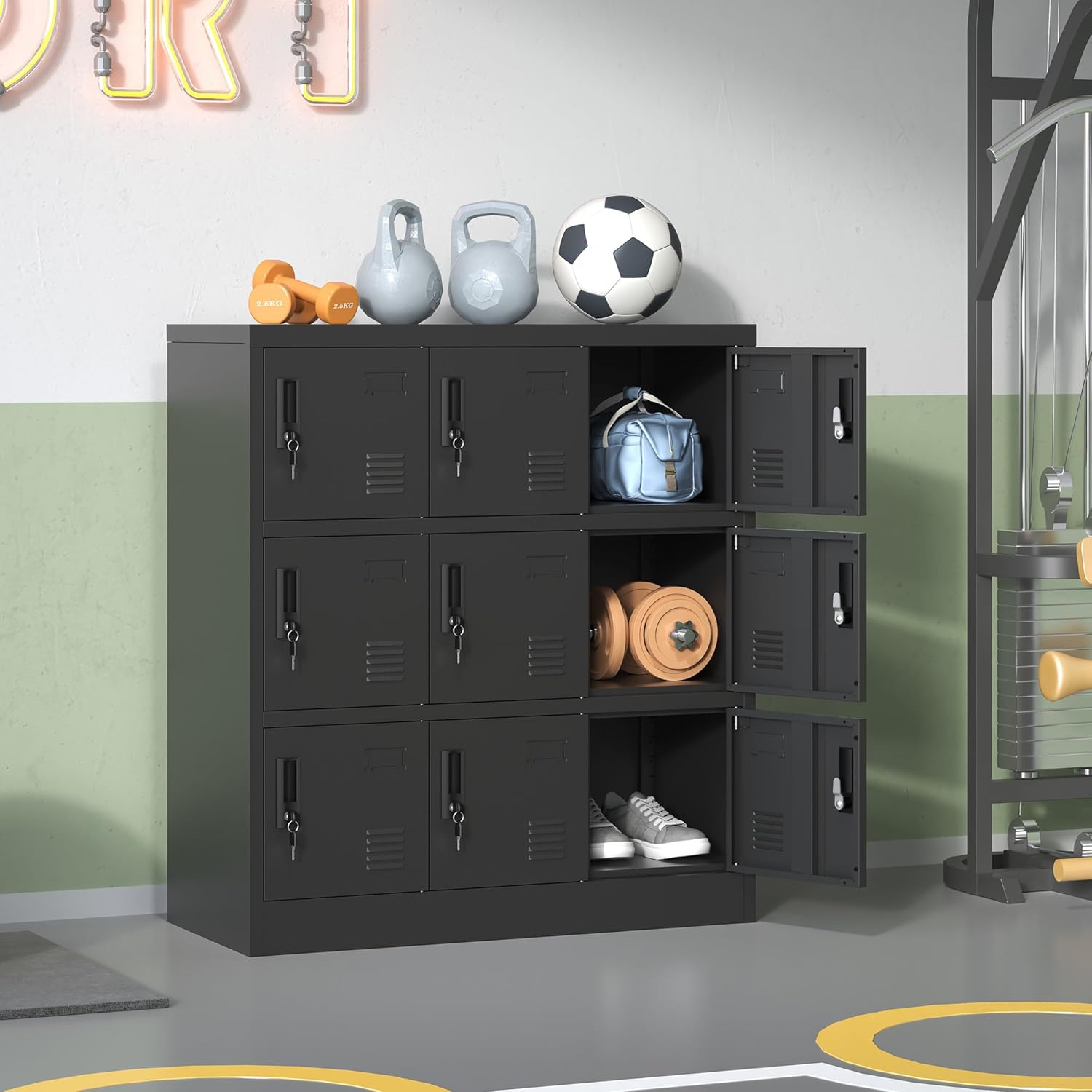 Metal Locker 9 Doors Storage Cabinet with Card Slot and Locks, Steel Storage Lockers for Employee, Office, Home, Gym, Shool, Require Assembly(Black) Black Short 9 Doors