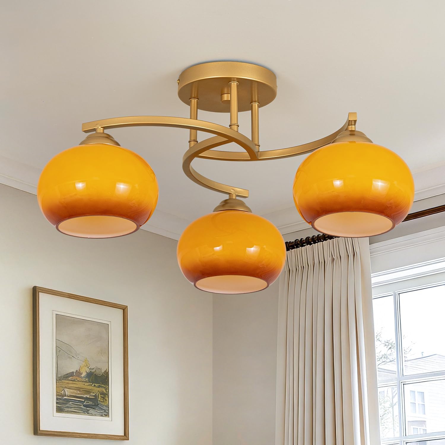 Semi Flush Mount Ceiling Light Fixture Modern Gold Globe Sputnik Chandeliers 3 Light Mid Century Orange Vintage Glass Chandelier for Dining Room Kitchen Bedroom Living Room Foyer Hallway