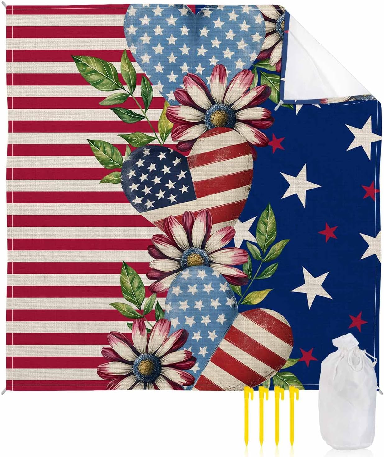 4th of July American Flower Star Heart Beach Blanket Extra Large 95x80in Outdoor Waterproof Sandproof Picnic Blankets with Stakes Lightweight Beach Mat for Camping Travel Hiking,USA Flag Theme