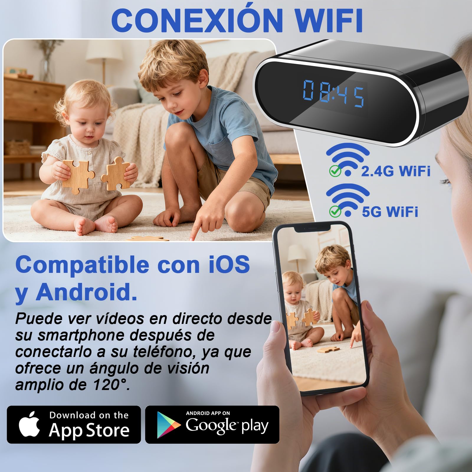 Cámara Espía WiFi 5G, Reloj con Cámara Oculta WiFi HD 1080P | Mini Cámara Espía Oculta de 120°, Visión Nocturna, Detección de Movimiento, Grabación en Bucle, Visualización Remota