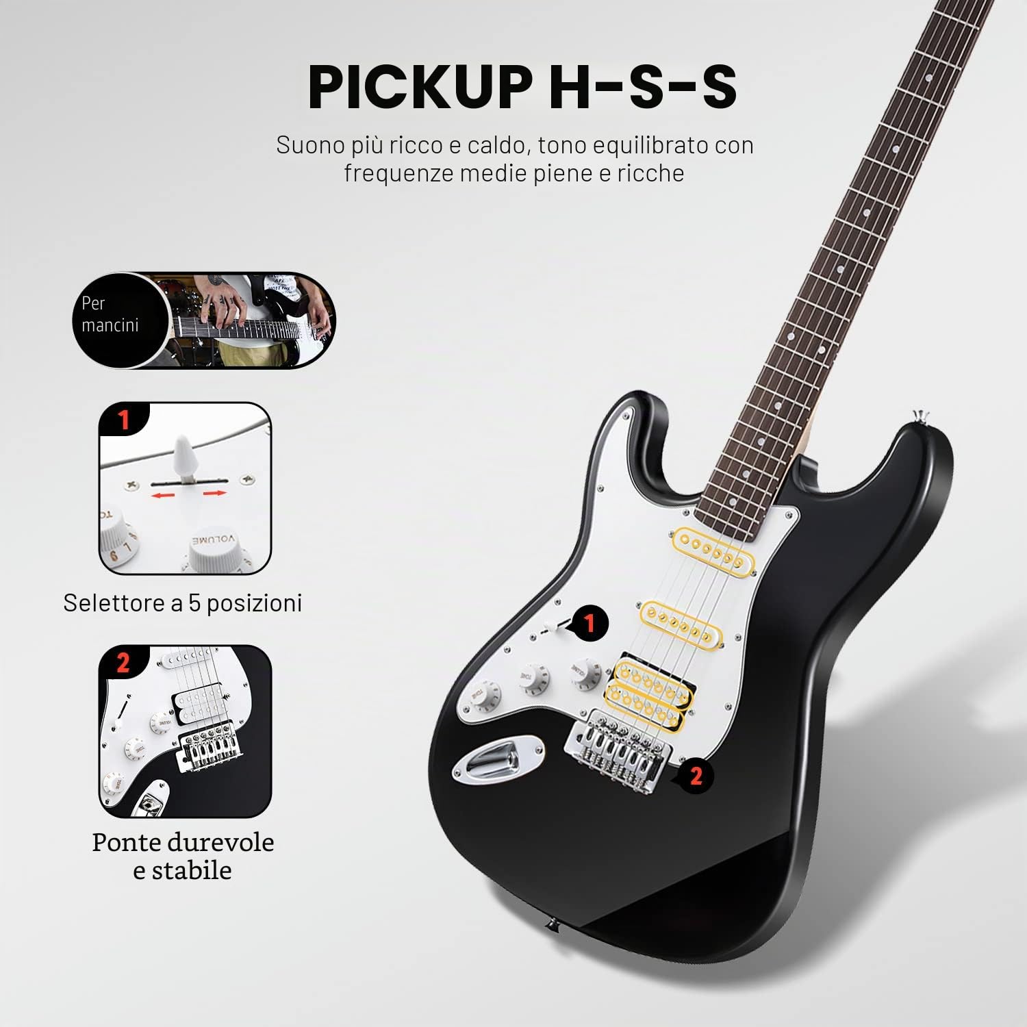 Donner Set di Chitarra elettrica per principianti mancini 39 pollici, pickup S-S-H con amplificatore, borsa, tracolla, corde, accordatore, cavo, plettri, DST100