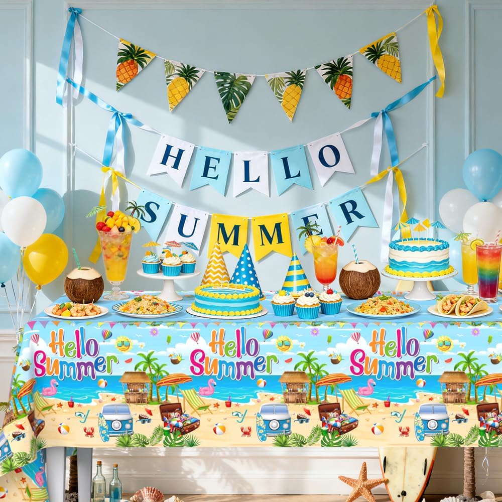 AIBIIN 3Pcs Hello Summer Tablecloth Decorations Disposable Beach Theme Party Table Cover Decorations Blue Summer Plastic Disposable Tablecloth Beach Party Table Cloth Decor 108 x 54 Inch image 5